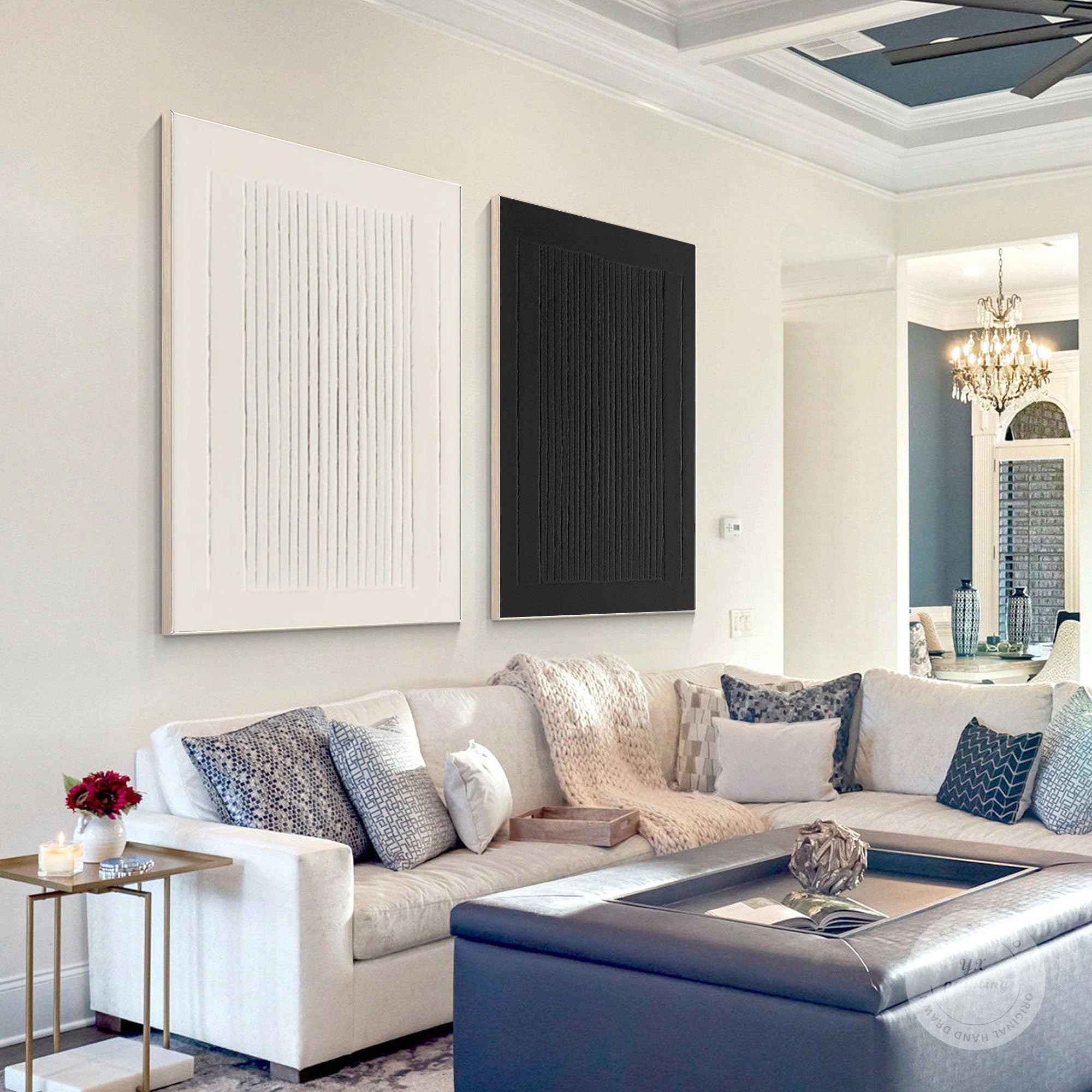 Minimalist Textured Linear Art | Black and White Stripe Canvas Pair #JJ 086