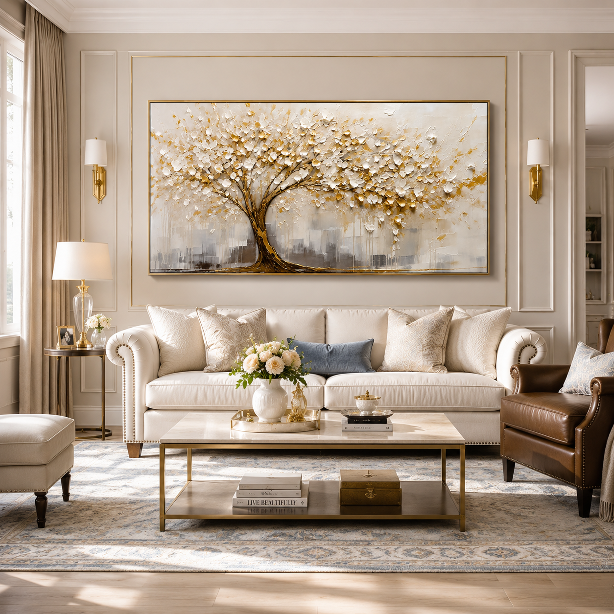 Golden Serenity Tree – White Blossom Textured Wall Art