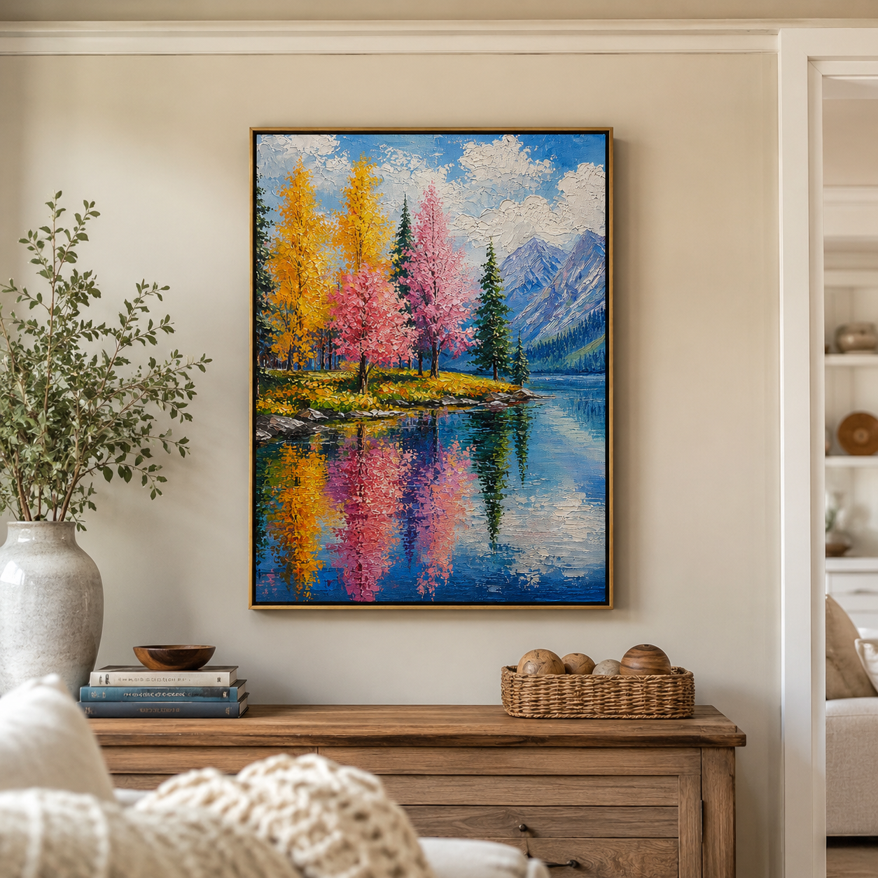 Alpine Blossom Reflection – Hand Painted Colorful Mountain Lake Landscape Oil Painting | Large Nature Wall Art