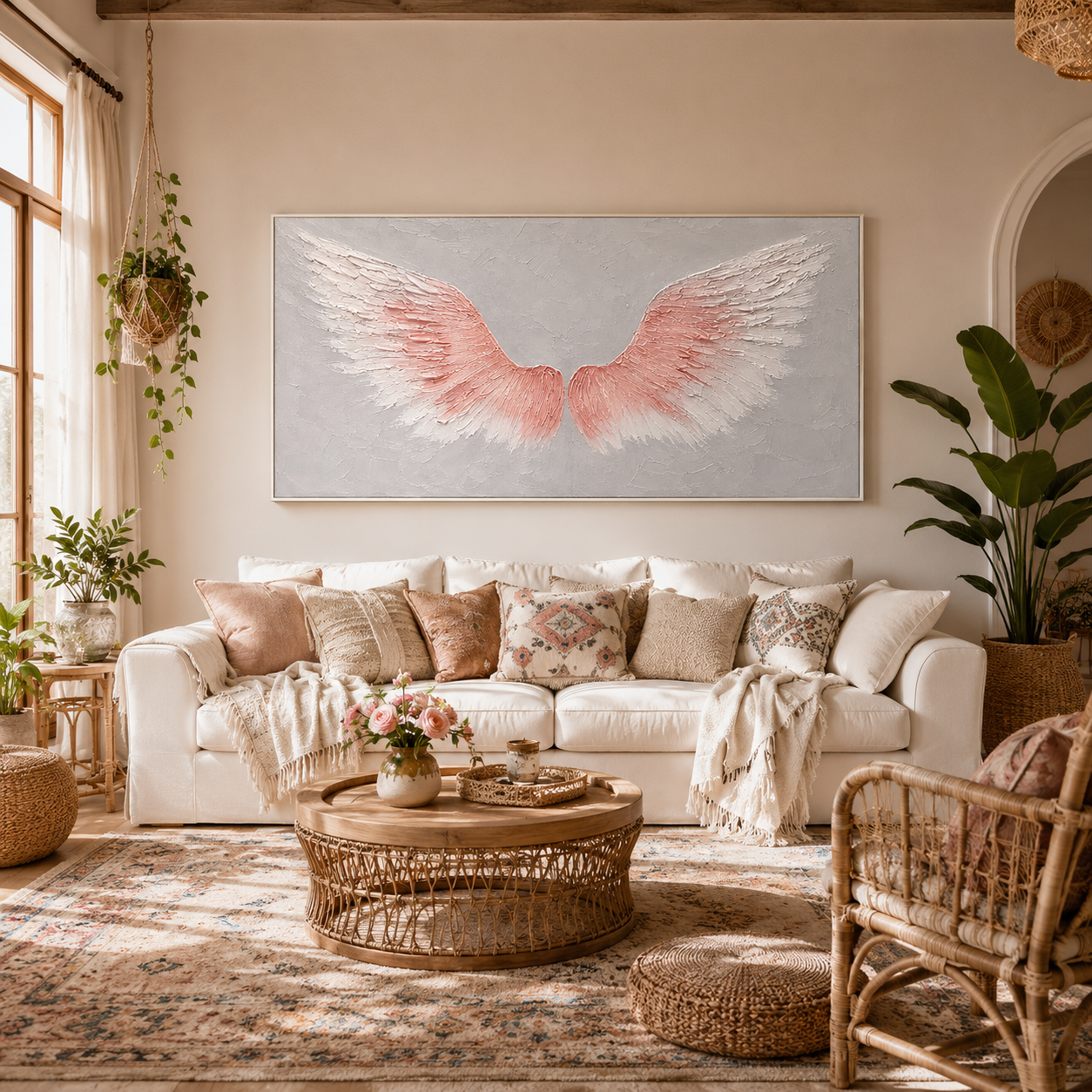 Celestial Blush – Textured Pink Angel Wings Wall Art
