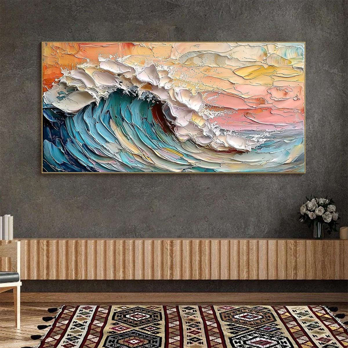 Colorful Sunset Wave Painting | Large Textured Ocean Art #AA 129