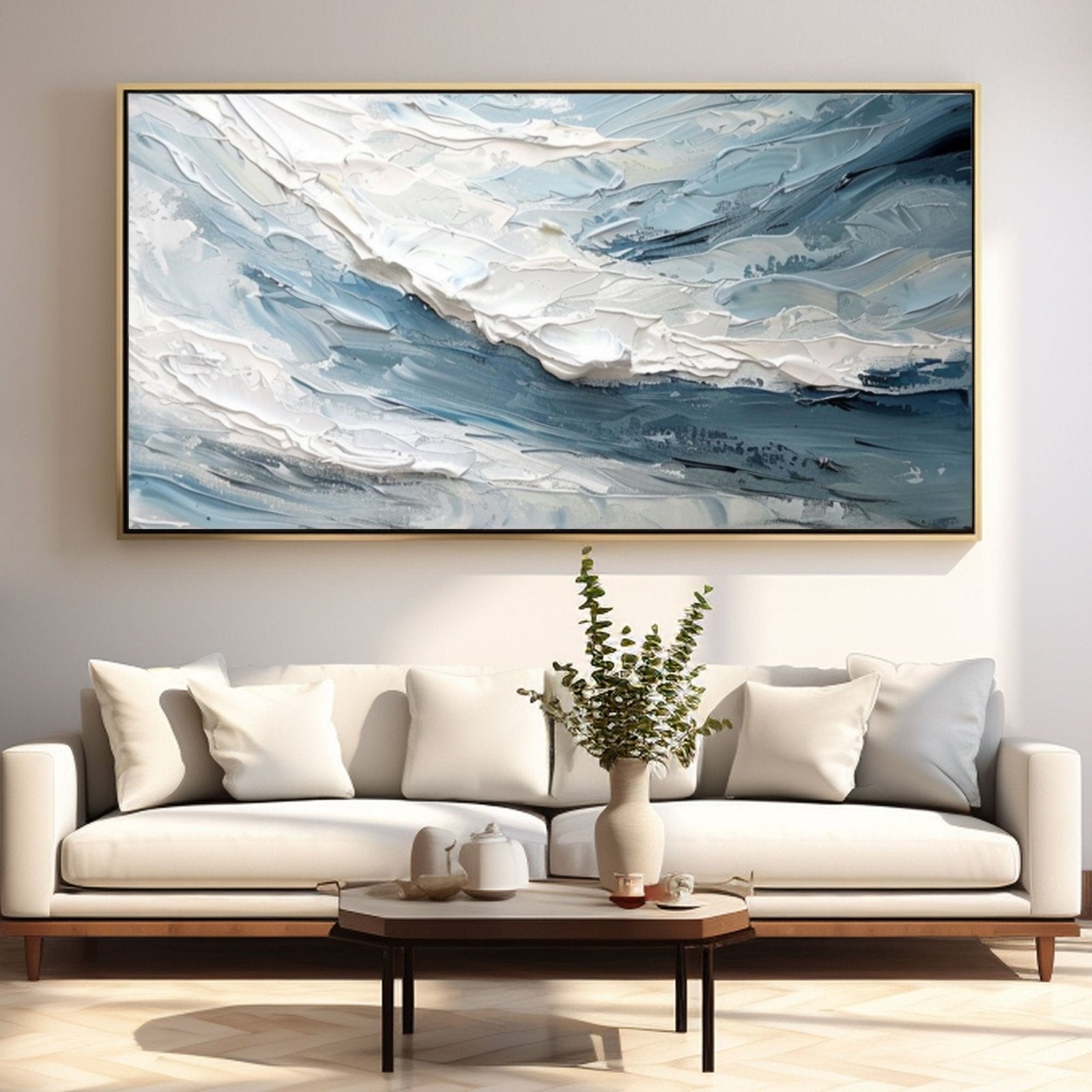 Textured Ocean Abstract Painting – Blue and White Wall Art on Canvas #TC 178