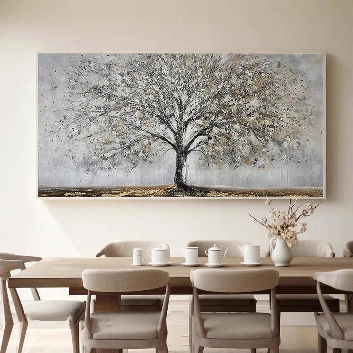 Silver and Grey Tree Canvas Wall Art | Neutral Panoramic Print #AA 394