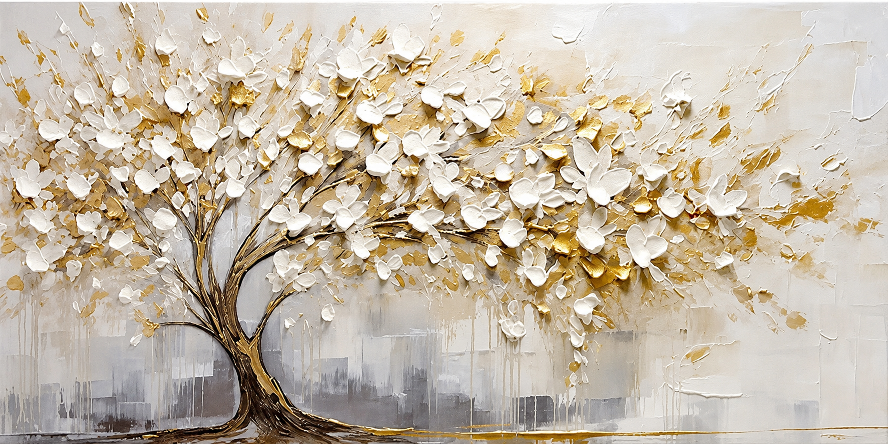 Golden Serenity Tree – White Blossom Textured Wall Art