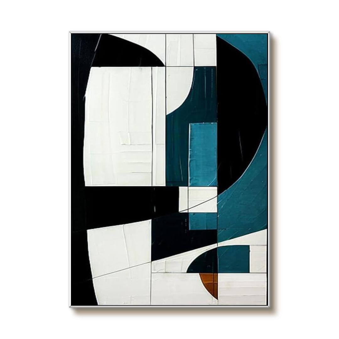 Modern Geometric Art | Black, White & Teal Canvas Painting #AA 042