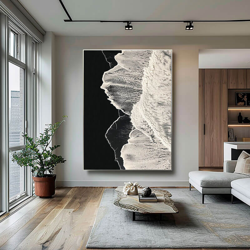 Black Sand Beach Aerial View Canvas Art | Abstract Ocean Waves #AA 381