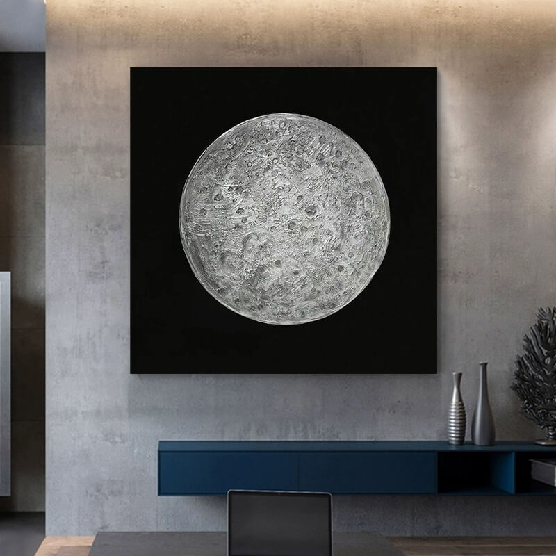 Textured 3D Full Moon Painting | Black & White Wall Art #AA 155
