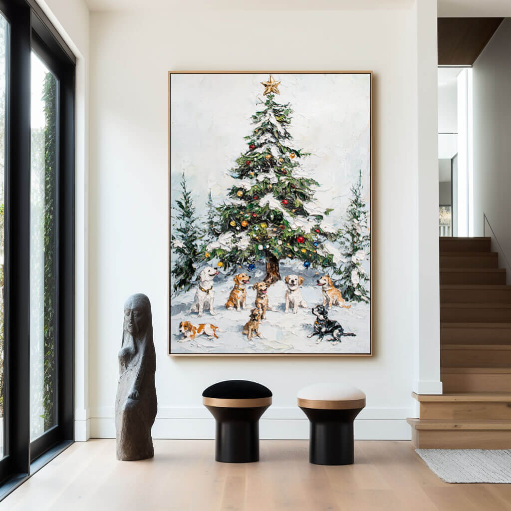 Joyful Family Holiday Art Print | Christmas Dogs Canvas Painting #AA 386