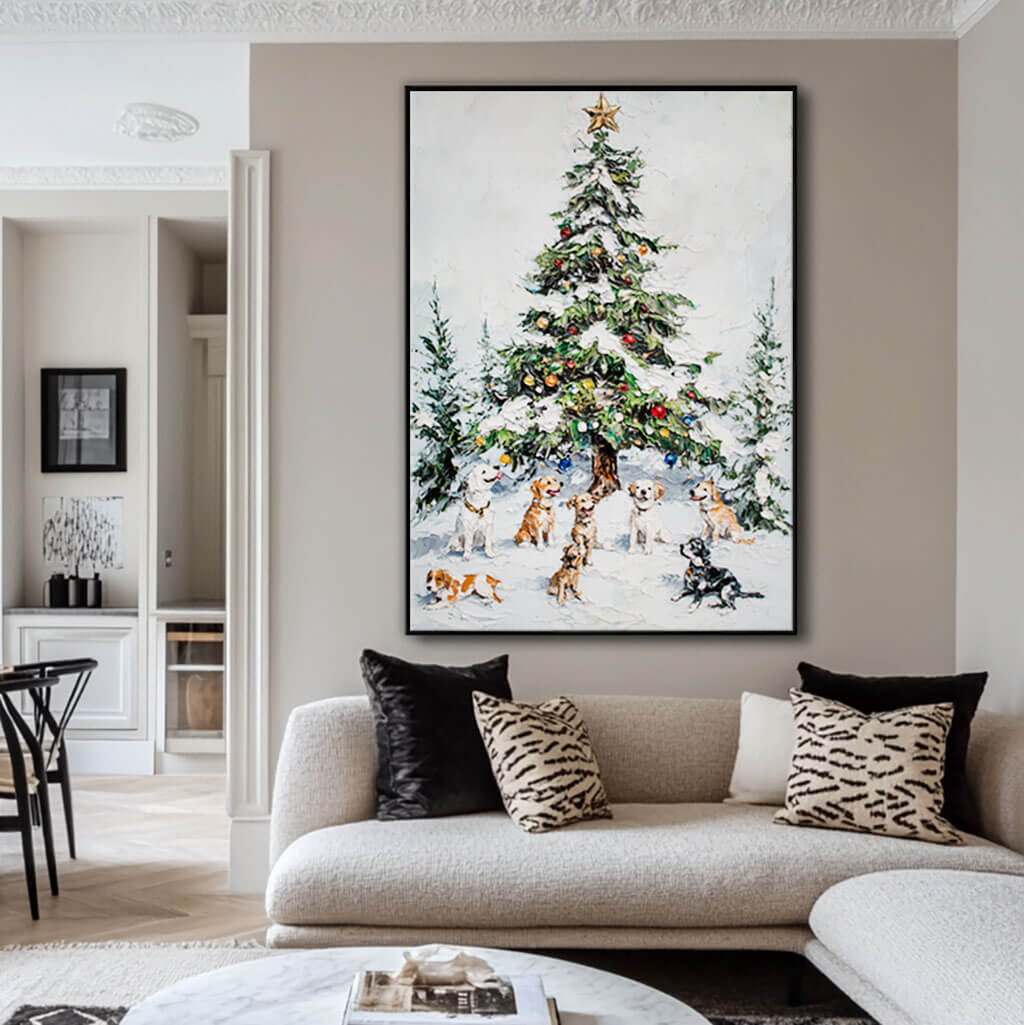 Joyful Family Holiday Art Print | Christmas Dogs Canvas Painting #AA 386