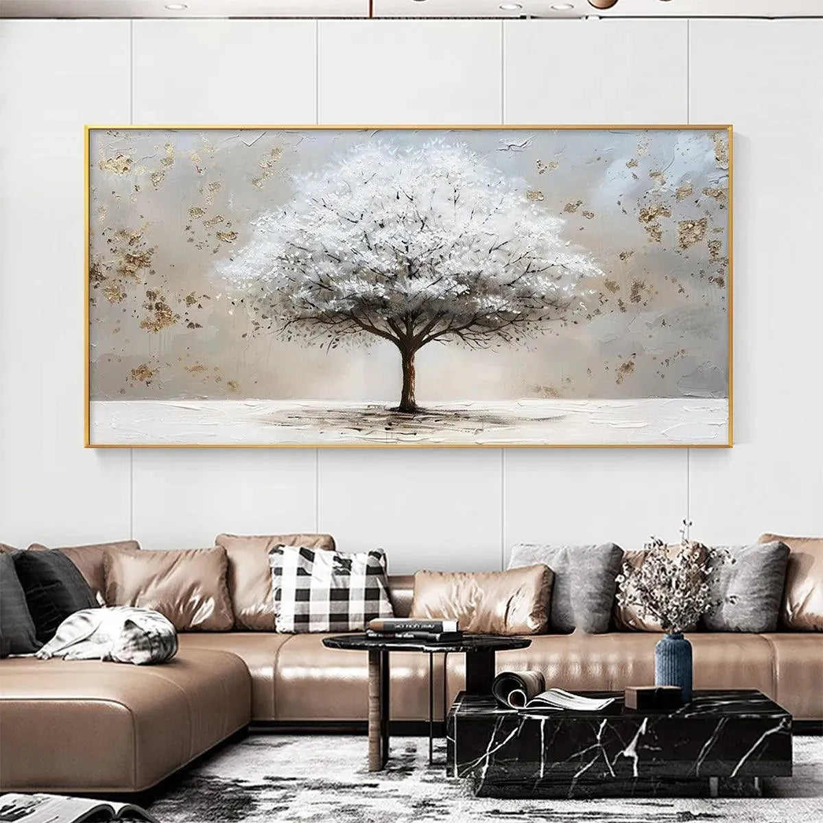 Large White Tree Canvas Wall Art with Gold Foil | Abstract Landscape #AA 382