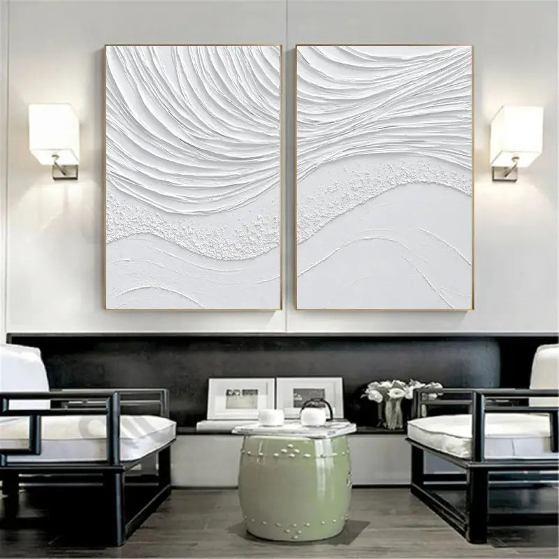 White Textured Wave Art Set | Coastal Abstract Canvas Diptych #JJ 088