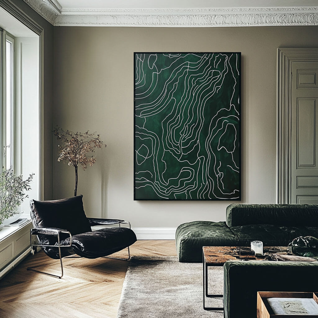 Emerald Green & White Line Art | High Contrast Abstract Painting #AA 243