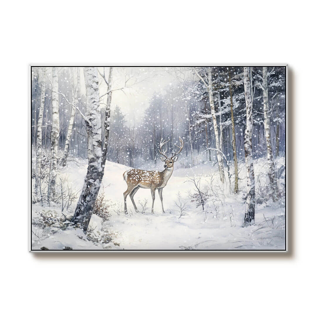 Deer in Snow Painting | Winter Forest Landscape Wall Art #AA 244