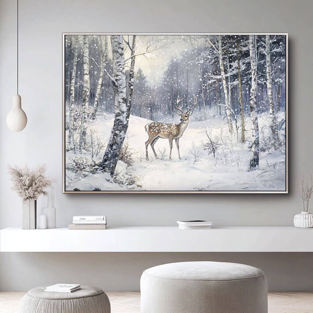 Deer in Snow Painting | Winter Forest Landscape Wall Art #AA 244