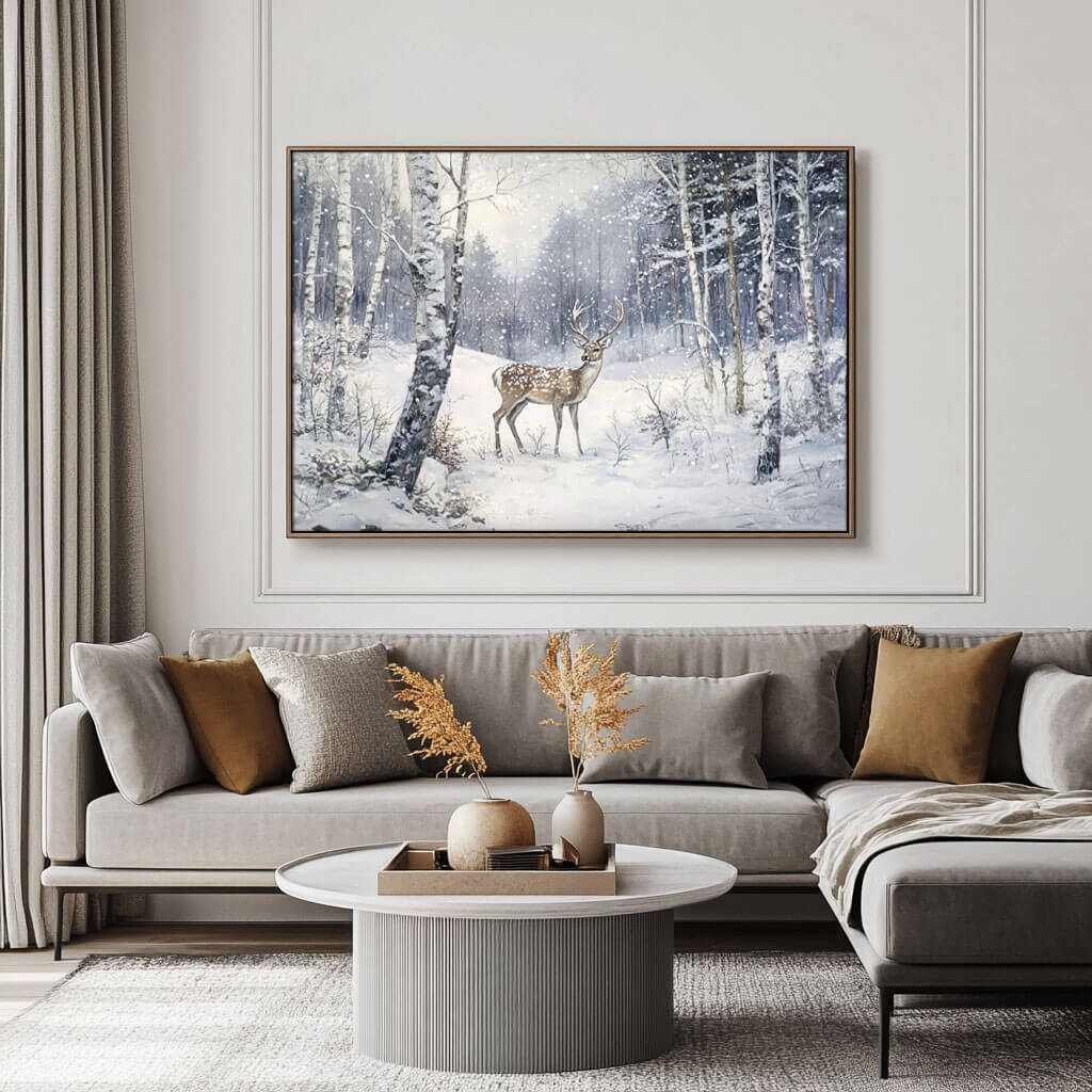 Deer in Snow Painting | Winter Forest Landscape Wall Art #AA 244