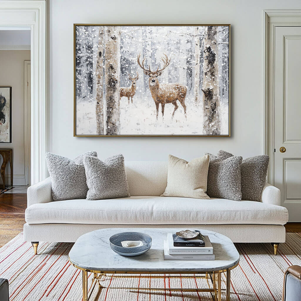 Deer in Snow Painting | Winter Forest Landscape Wall Art #AA 164