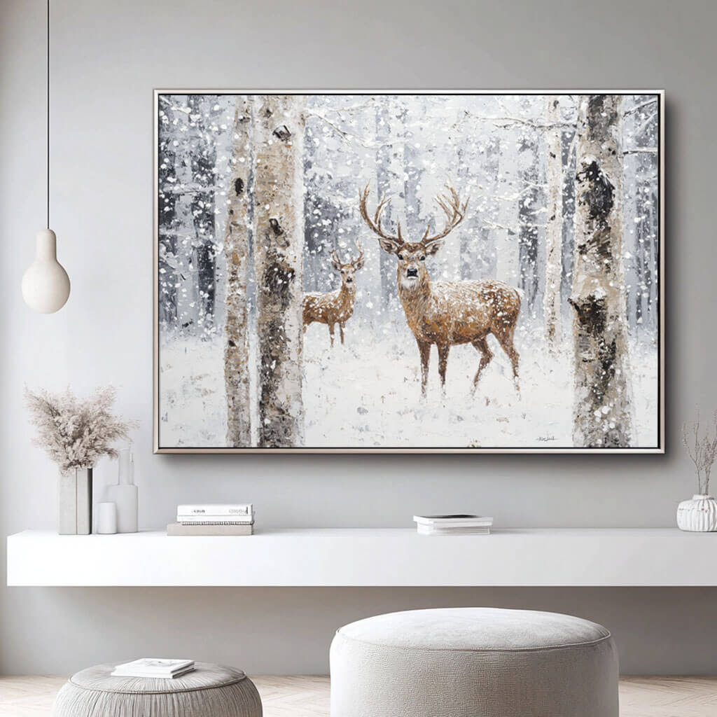 Deer in Snow Painting | Winter Forest Landscape Wall Art #AA 164