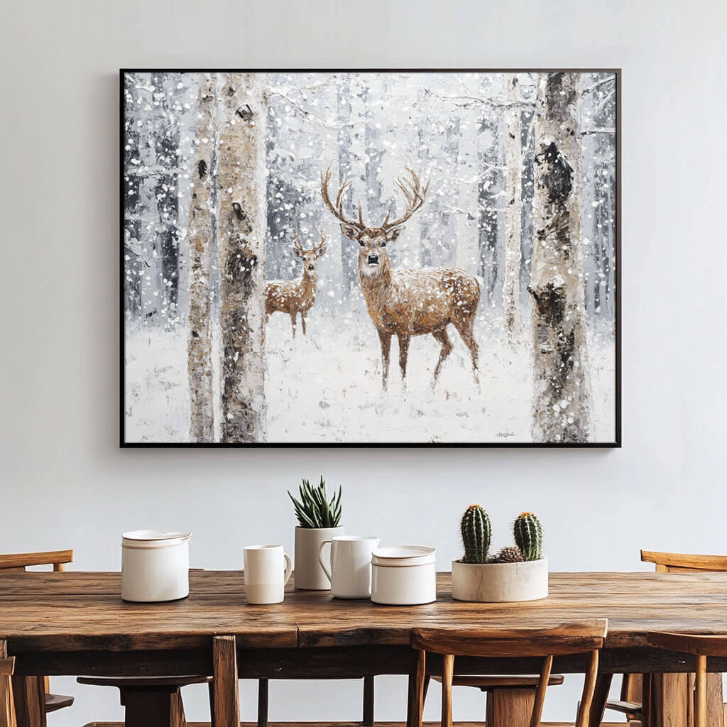 Deer in Snow Painting | Winter Forest Landscape Wall Art #AA 164
