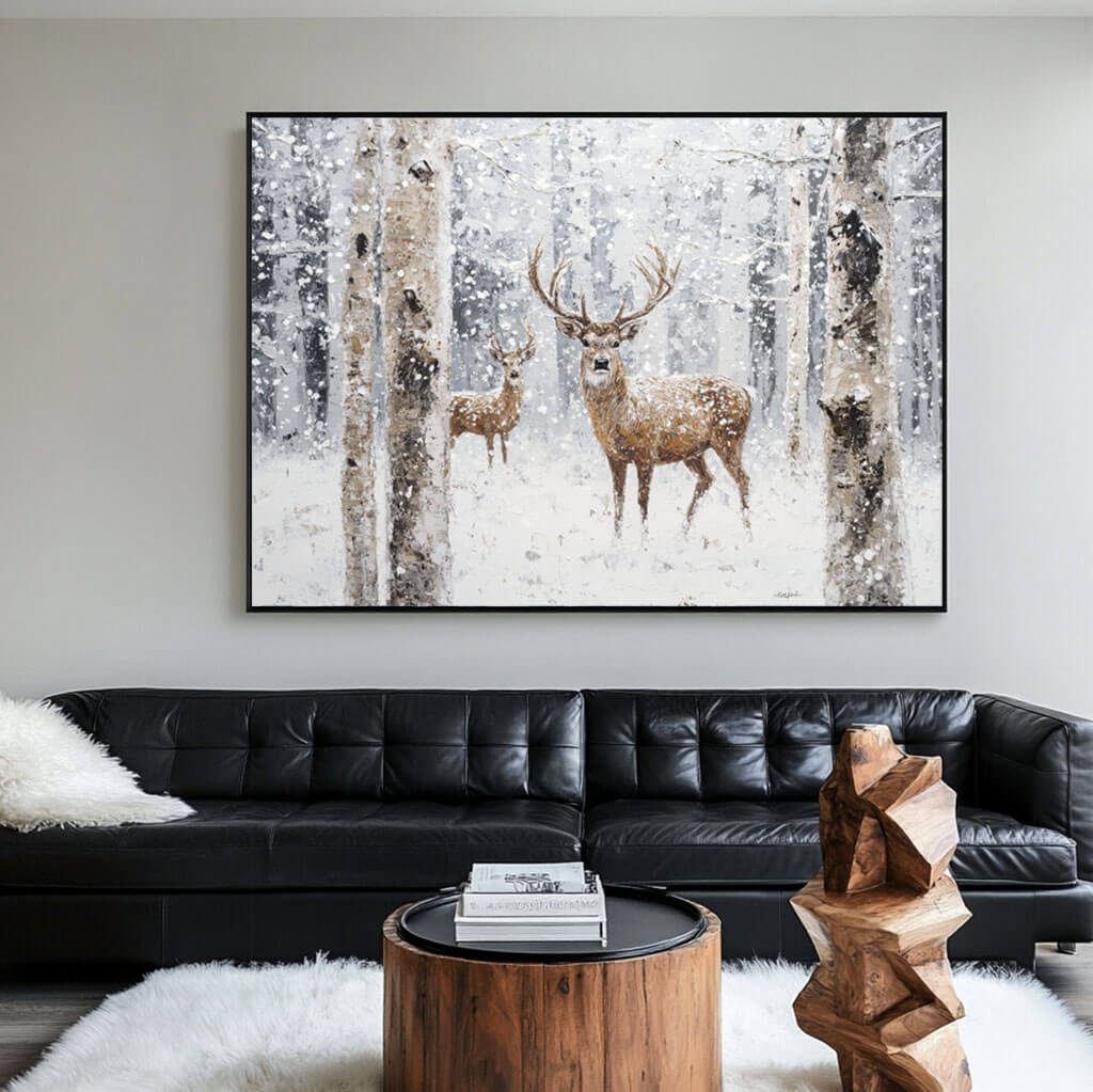 Deer in Snow Painting | Winter Forest Landscape Wall Art #AA 164