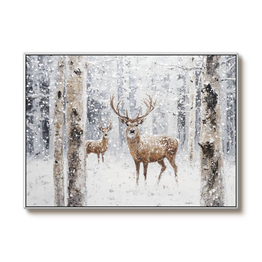 Deer in Snow Painting | Winter Forest Landscape Wall Art #AA 164