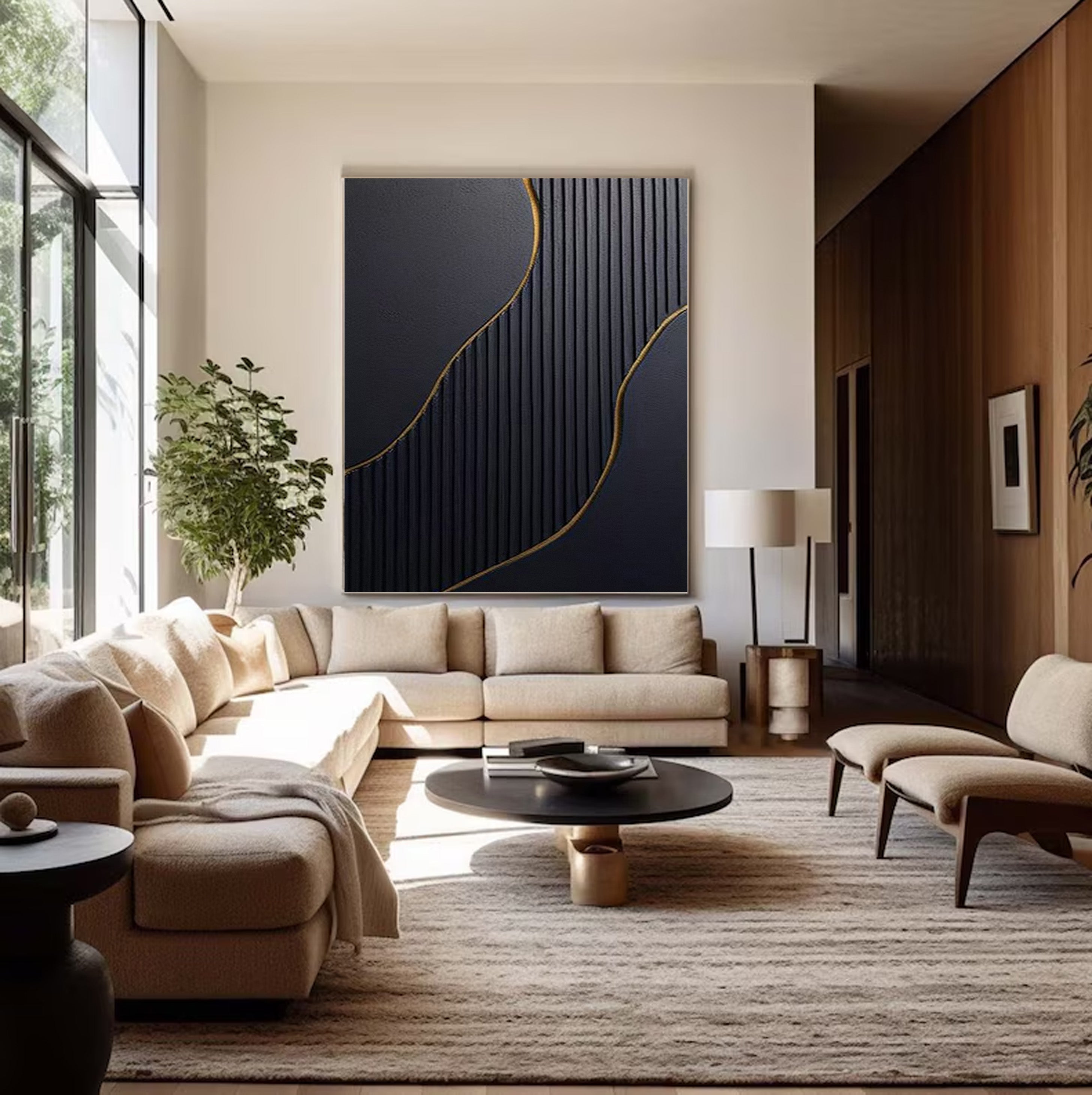 Textured Black and Gold Abstract Art | Modern Linear Canvas Painting #JJ 057