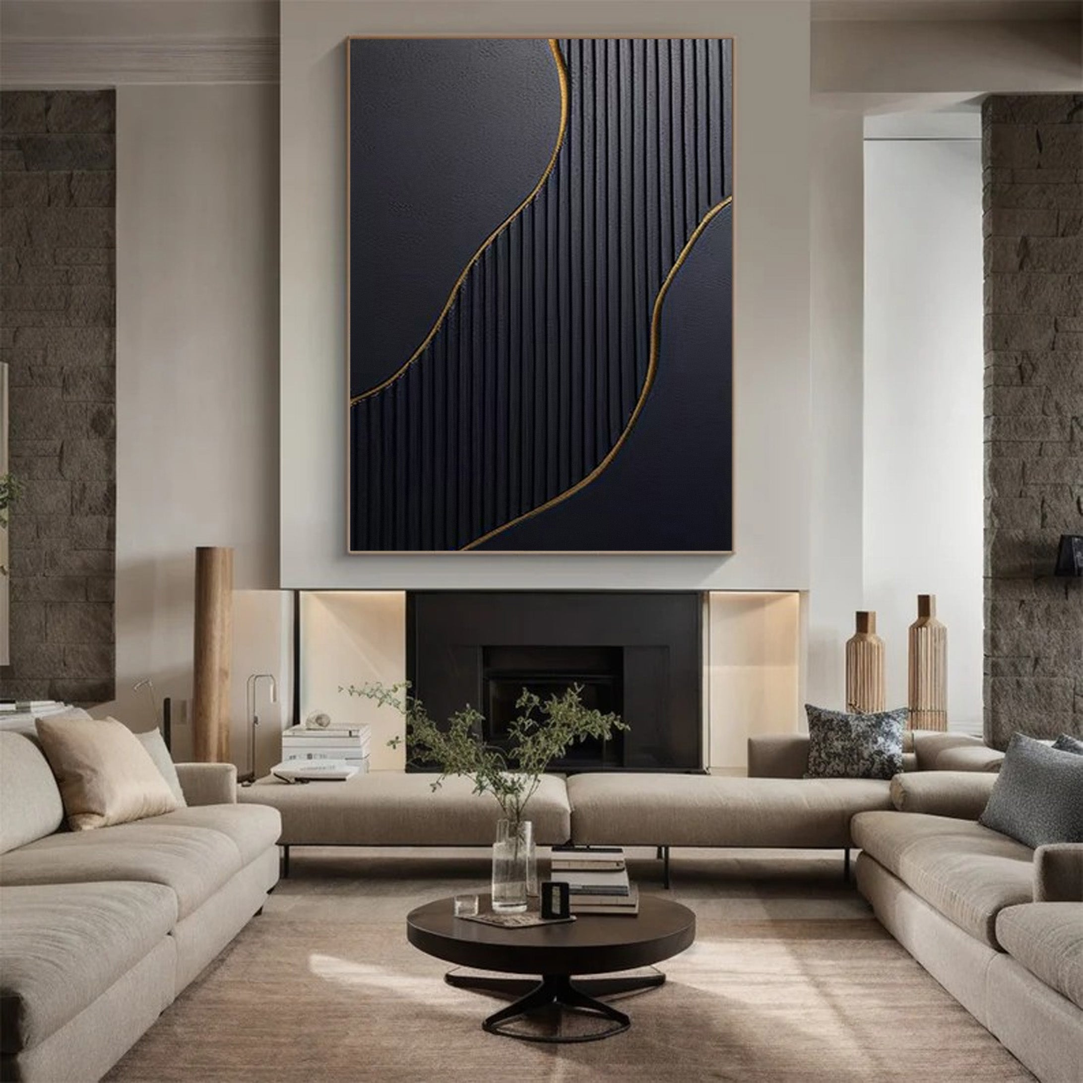Textured Black and Gold Abstract Art | Modern Linear Canvas Painting #JJ 057