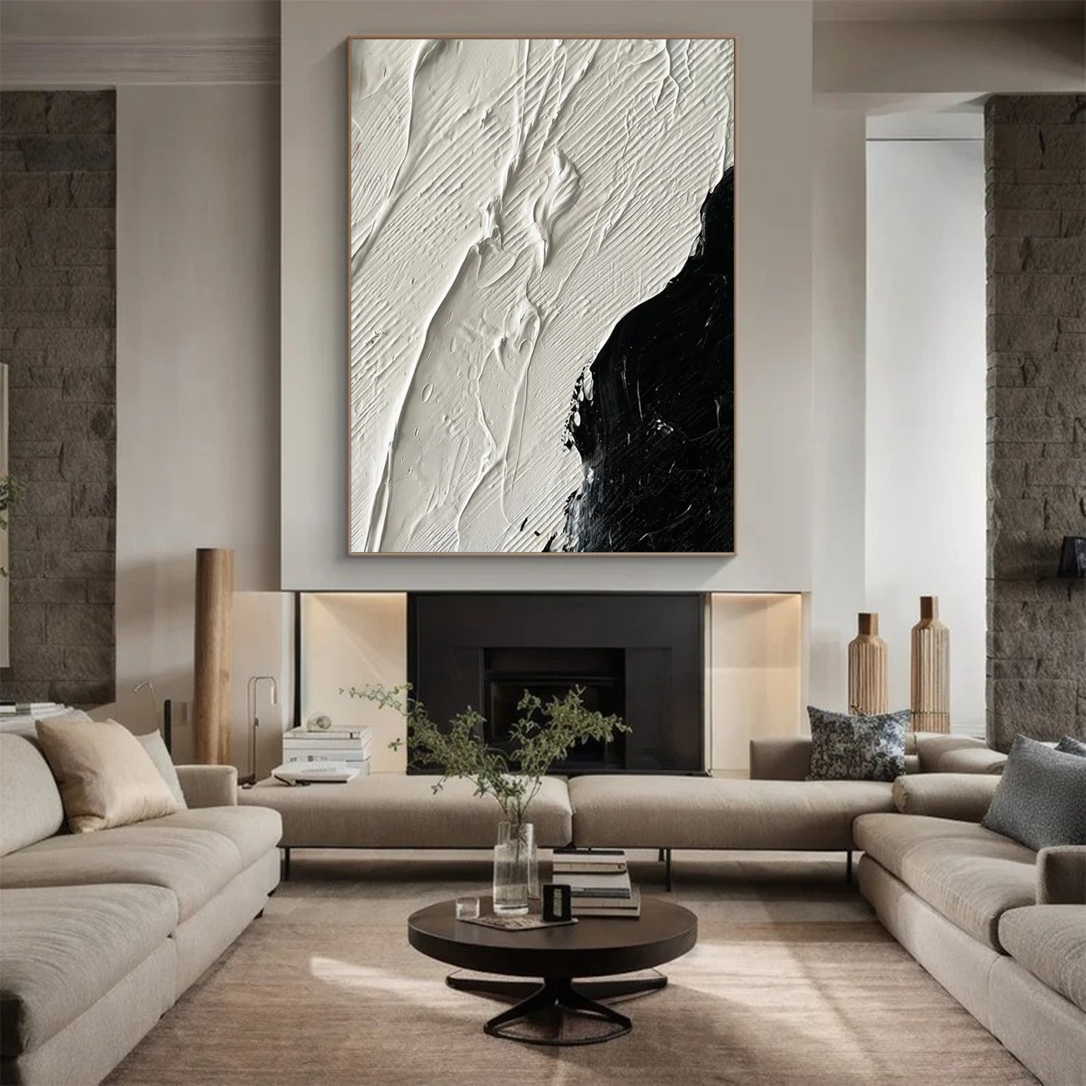 Black and White Textured Abstract Oil Painting - Modern Minimalist #JJ 056