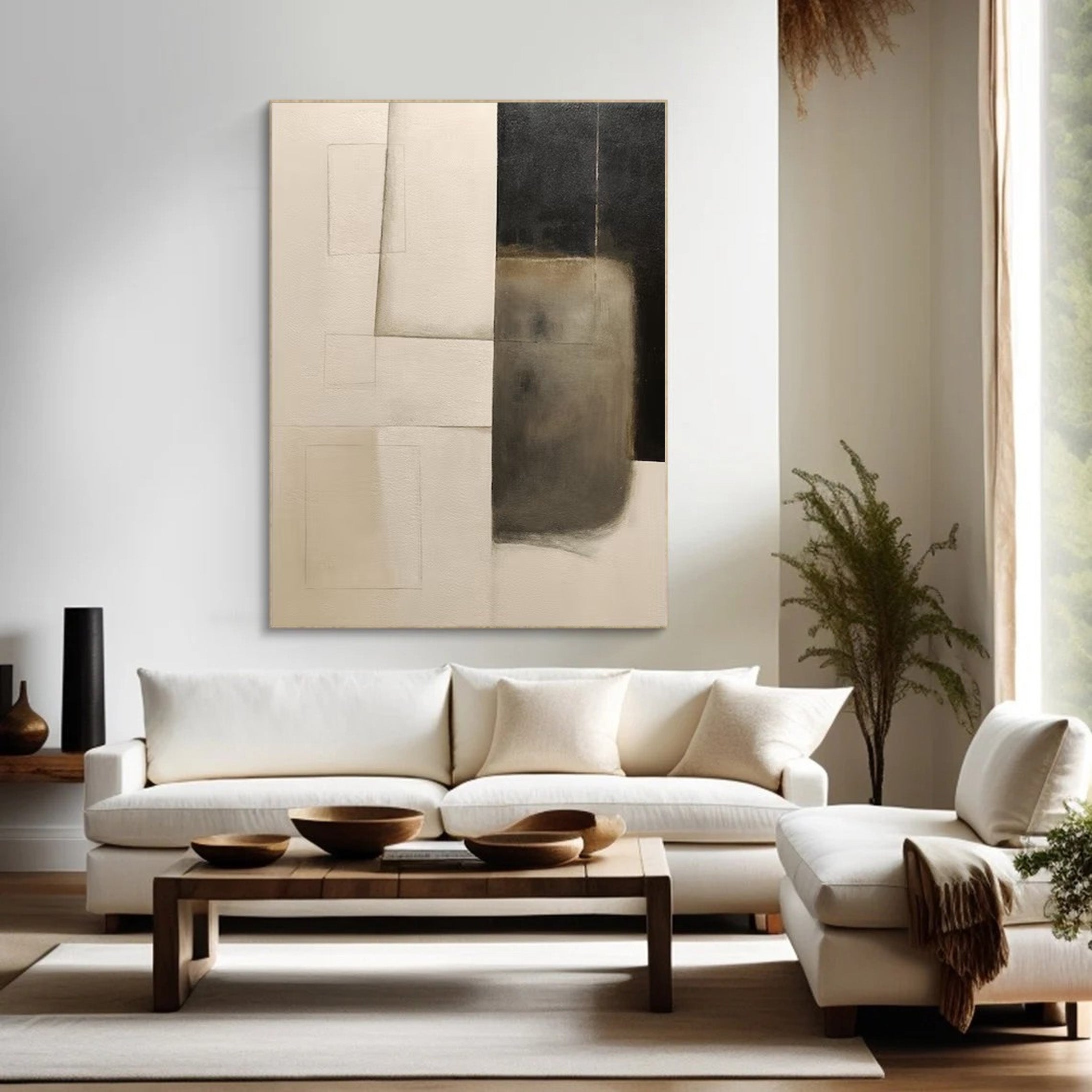 Minimalist Abstract Oil Painting - Beige Black Geometric Canvas Art #JJ 001