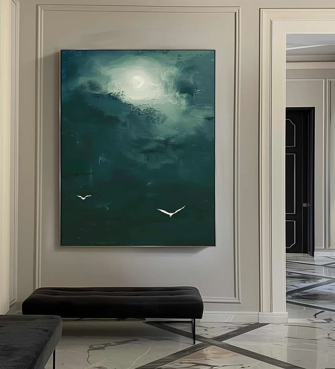 Dark Teal Abstract Oil Painting with Moon and Birds Wall Art  #TC 029
