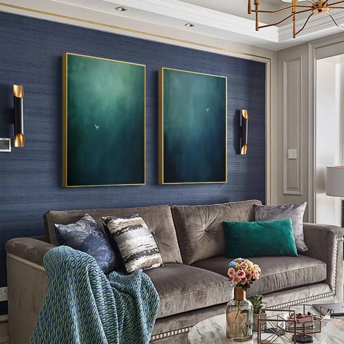 Large Abstract Oil Painting Diptych  Hand-Painted Blue Green Sky/Ocean Art | # TC 010