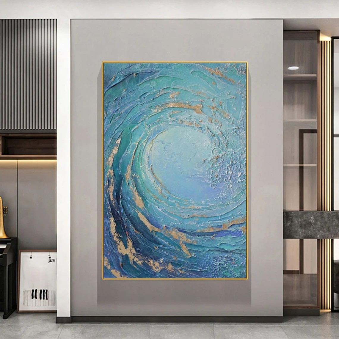 Abstract Ocean Wave Oil Painting, Blue and Gold Textured Wall Art #TC 068