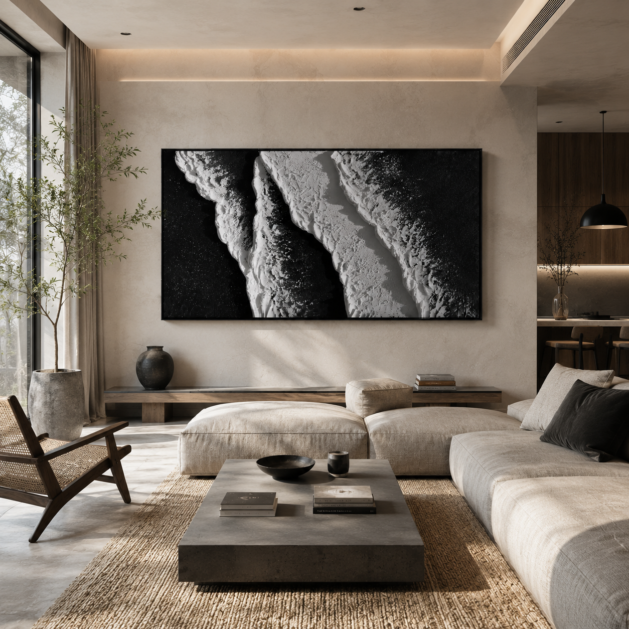 Midnight Tide – Black and White Textured Coastal Wall Art