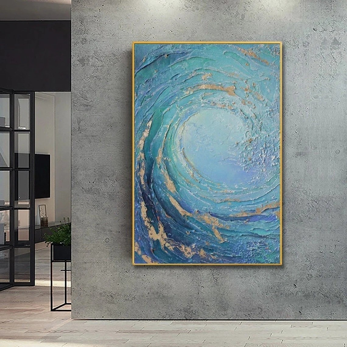 Abstract Ocean Wave Oil Painting, Blue and Gold Textured Wall Art #TC 068