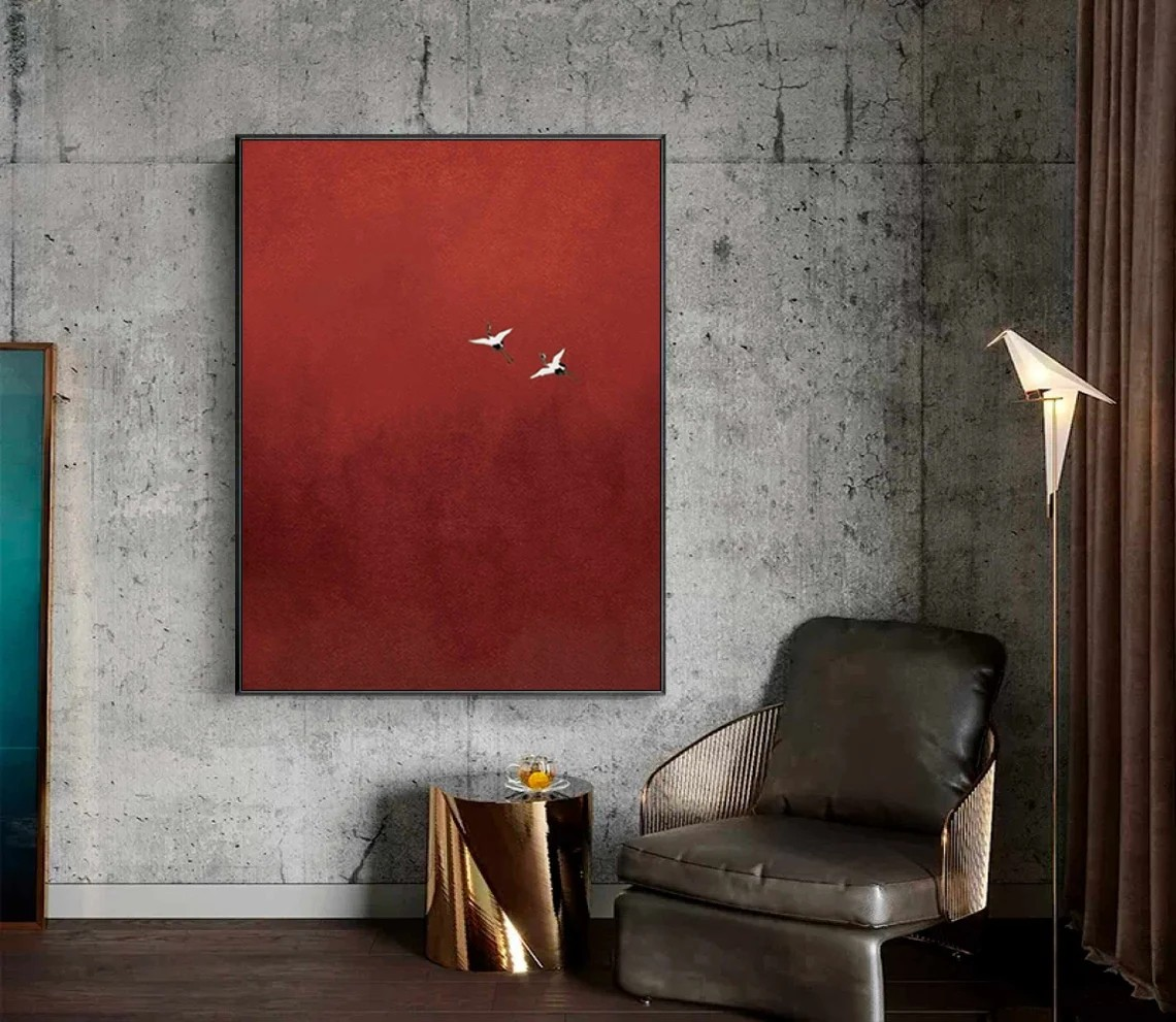 Minimalist Red Abstract Oil Painting with Flying Birds Wall Art  #TC 026