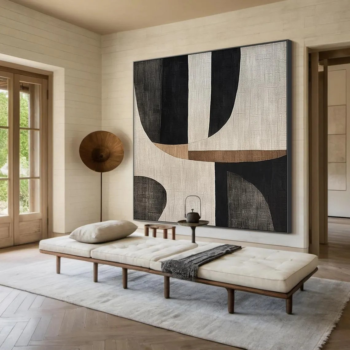 Geometric Abstract Art - Black White Beige Wall Painting #TC 055