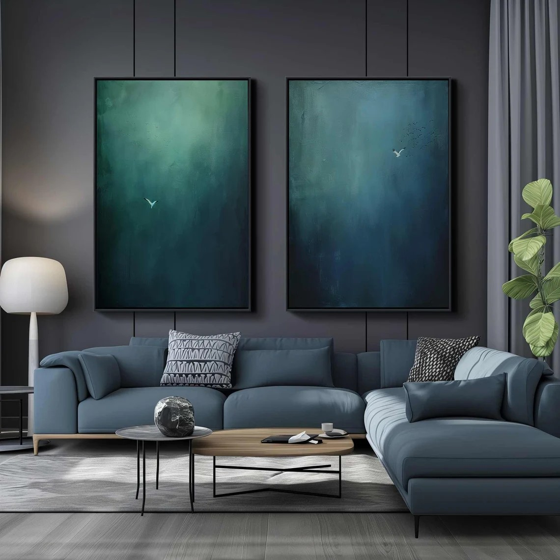 Large Abstract Oil Painting Diptych  Hand-Painted Blue Green Sky/Ocean Art | # TC 010