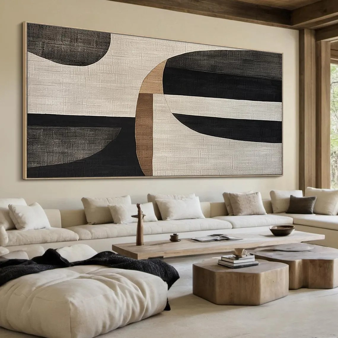 Geometric Abstract Art - Black White Beige Wall Painting #TC 055