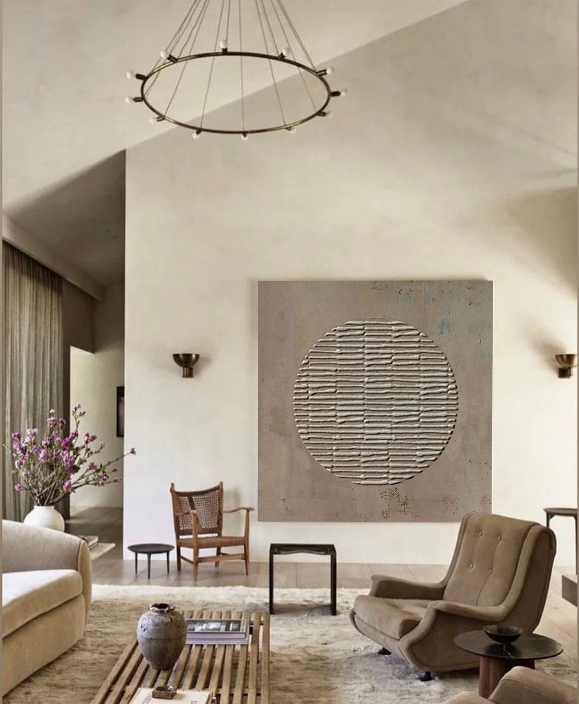 3D Minimalist Abstract Oil Painting with Textured Brown Circle #JJ 013