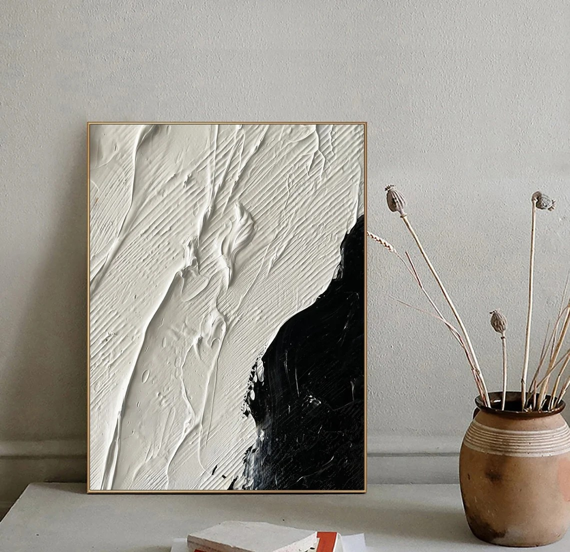 Modern Minimalist Black & White Abstract - Textured Canvas #JJ 025