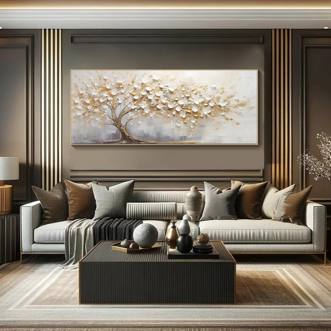 3D Blossom Tree Painting, Handmade White Gold Canvas Artwork  #TC 069