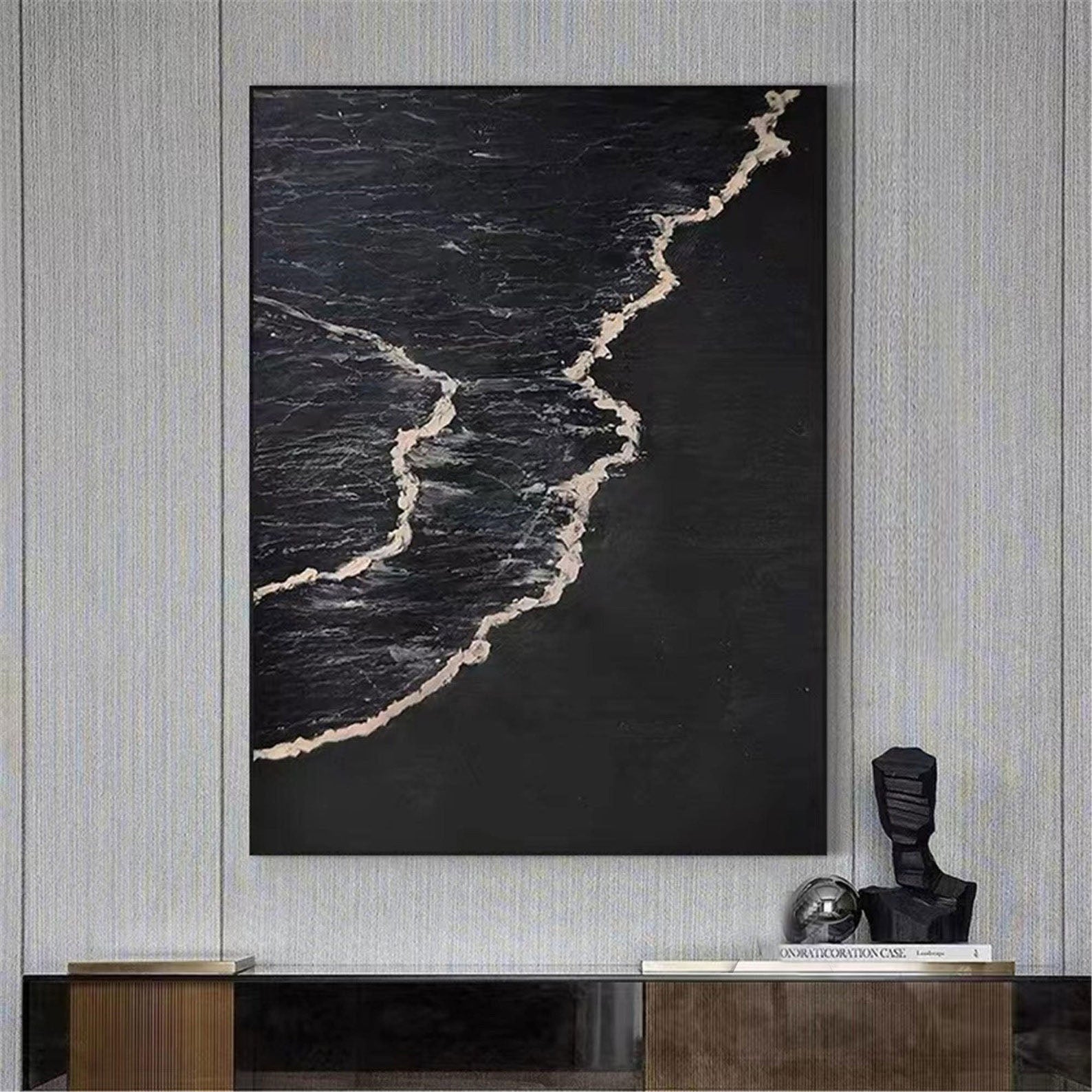 Handmade Oil Painting - Modern Abstract Black and White Wave Wall Art #TB 035