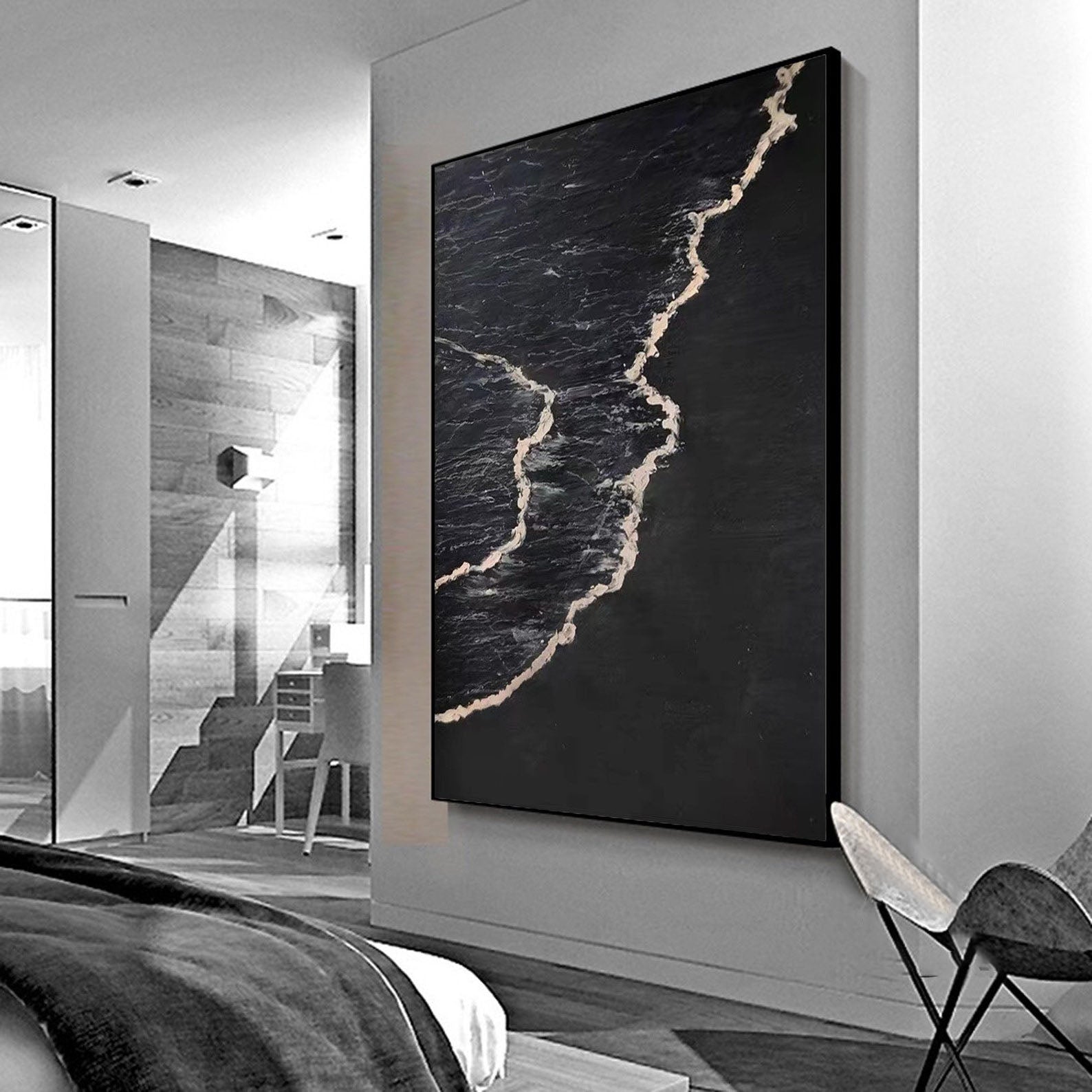 Handmade Oil Painting - Modern Abstract Black and White Wave Wall Art #TB 035