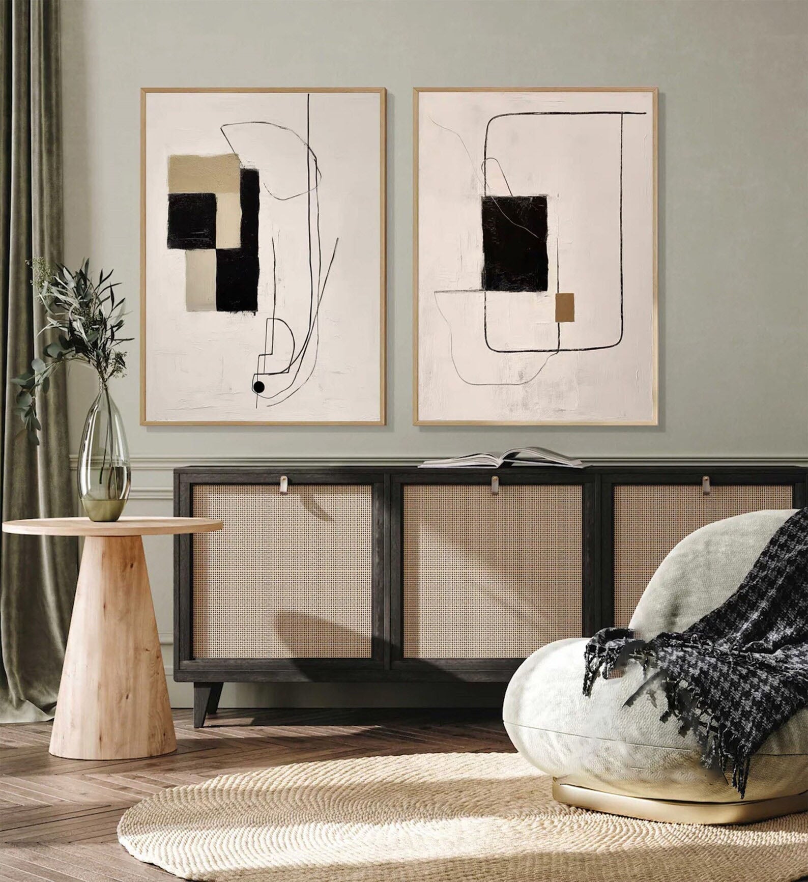 Modern Minimalist Abstract Diptych, Beige Black Khaki Geo #TB 083