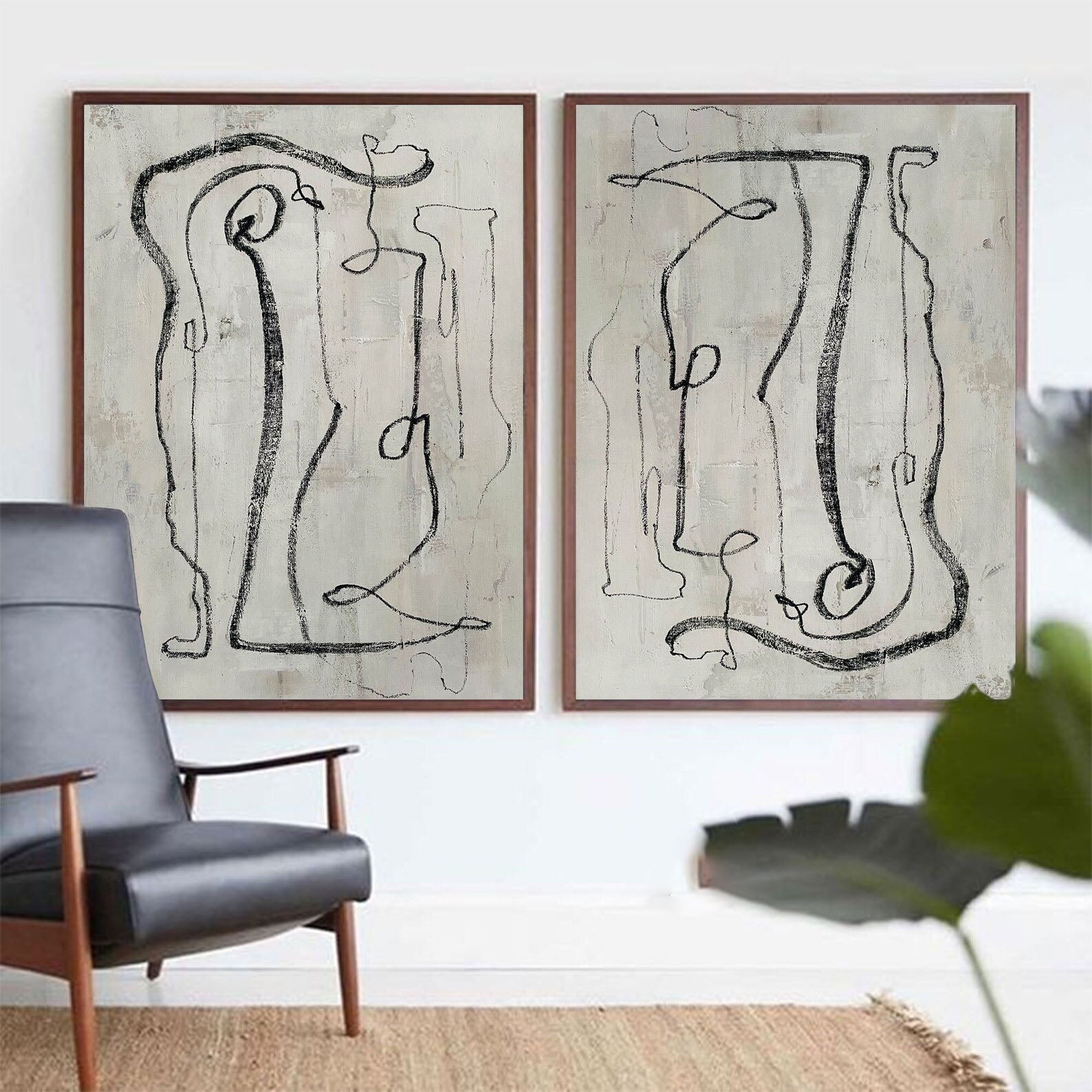 Modern Minimalist Abstract Diptych, Bold Black Lines #TB 085
