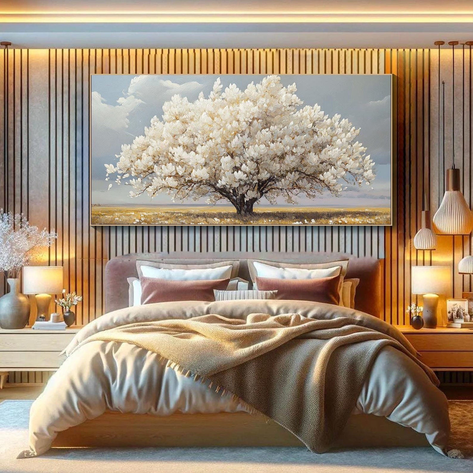 Modern White Blossom Tree Painting, Serene Countryside #TB 079