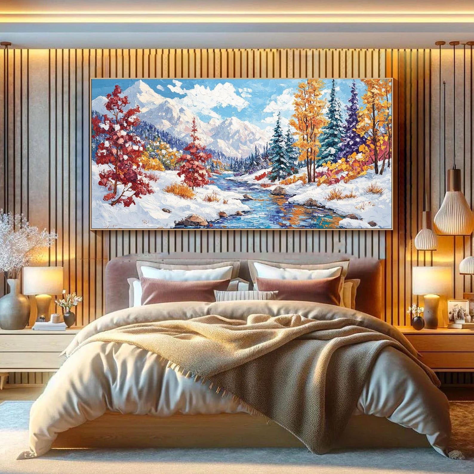 Colorful Winter Scenery Wall Art | Original Mountain & Forest Oil Painting #TB 087