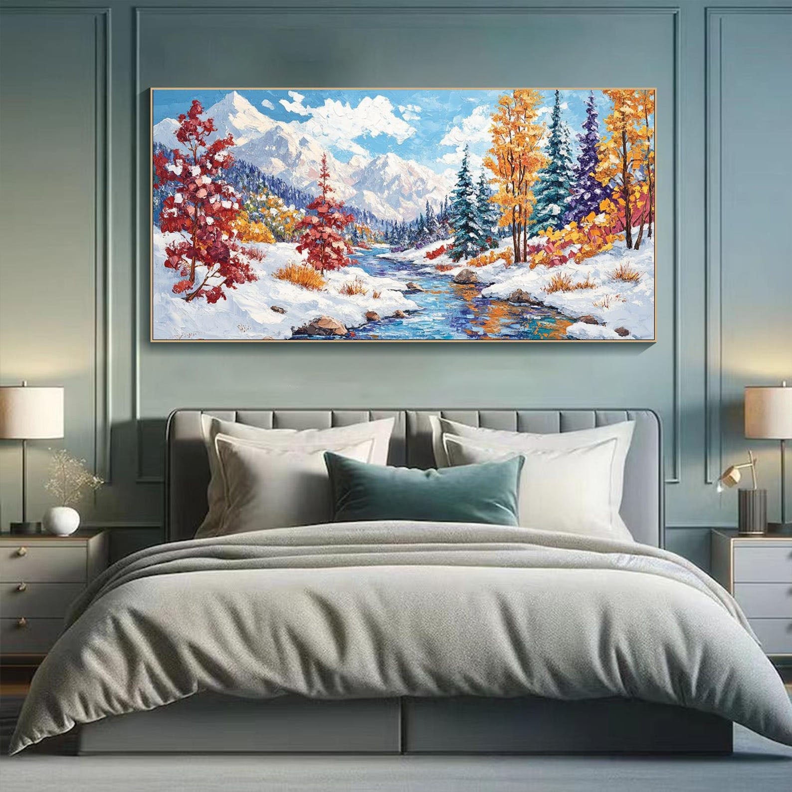 Colorful Winter Scenery Wall Art | Original Mountain & Forest Oil Painting #TB 087