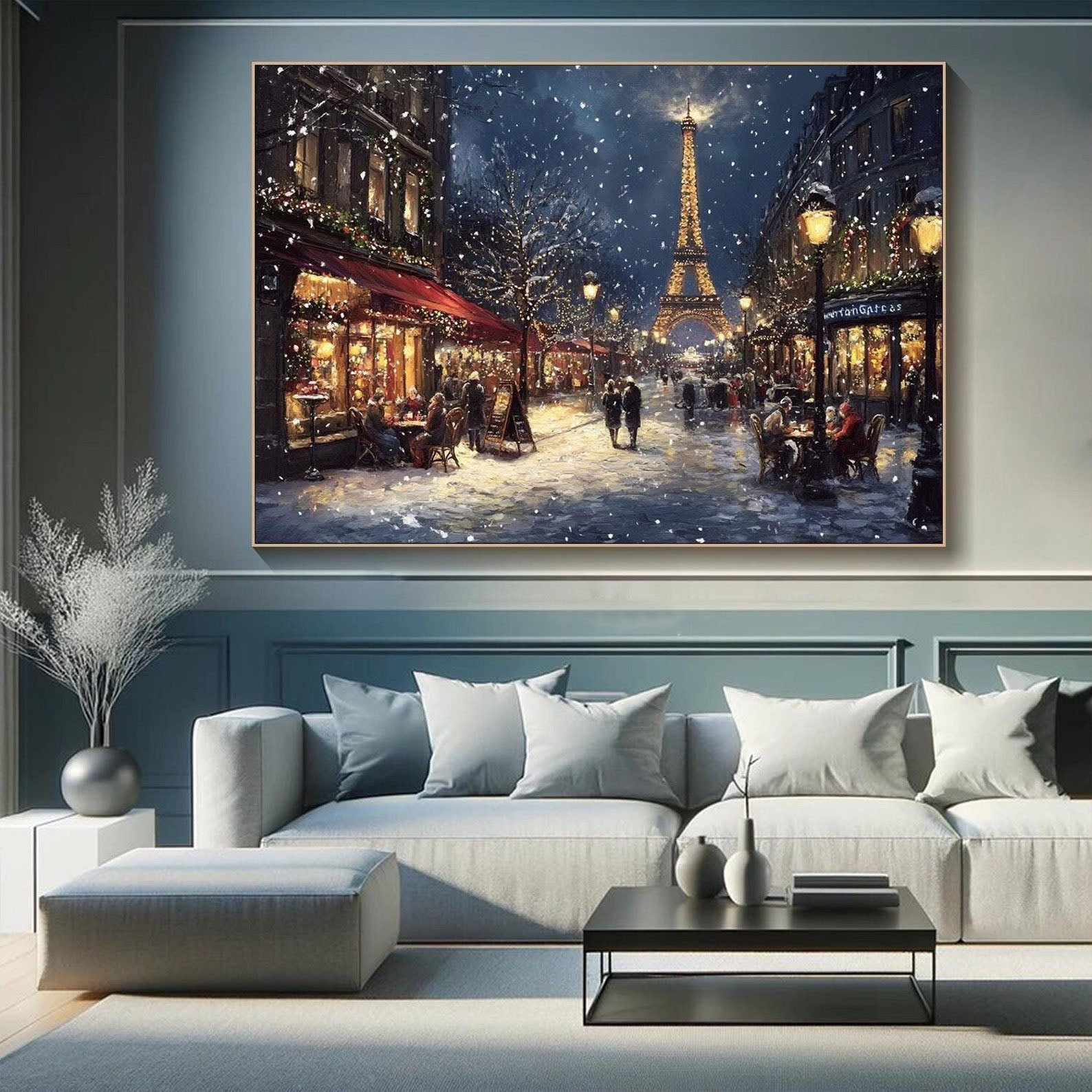 Paris Winter Night Snow Painting, Modern Romantic City #TB 081