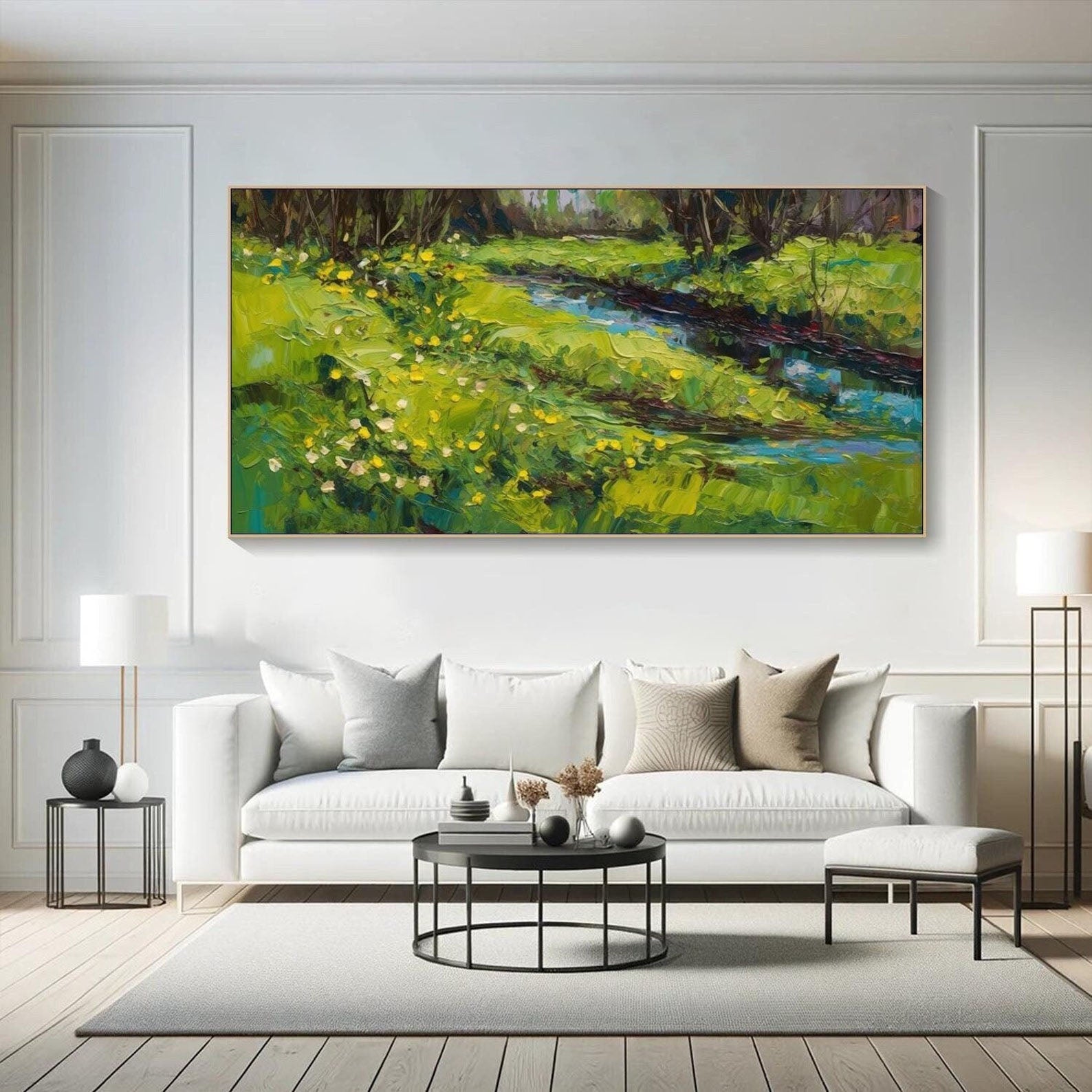 Buy Large Landscape Oil Painting | Vibrant Green Field & River Wall Art #TB 088