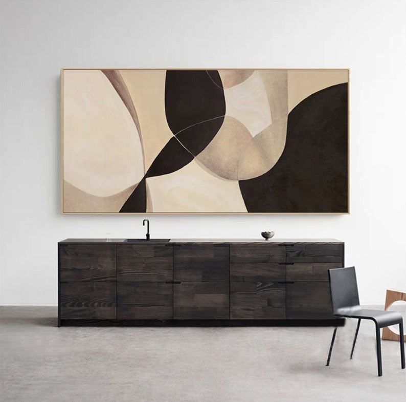Modern Abstract Geometric Art - Beige and Black Painting  #TB 006